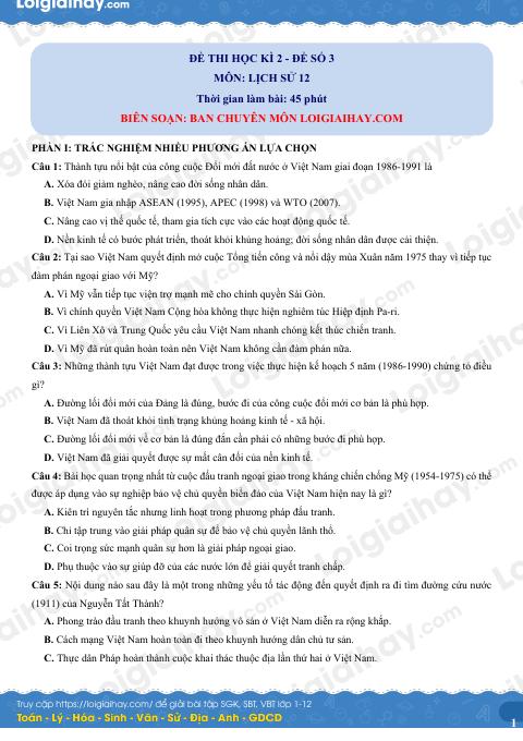 Đề thi học kì 2 Lịch sử 12 - Đề số 3
